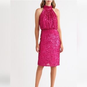 New Eliza J Hot Pink Sequin Halter Neck Cocktail Dress